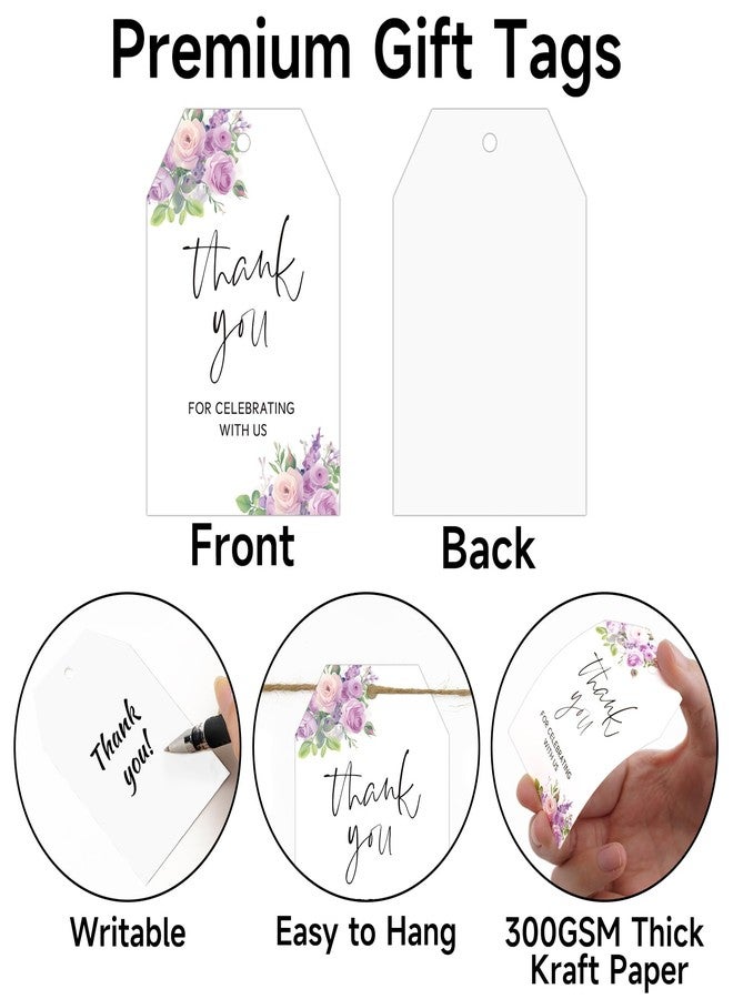 joycraft 50Pcs Thank You Tags with String, 3.3x2.1 in Purple Floral Gift Wrap Tags, White Paper Party Favor Labels, Thank You for Celebrating with Us Hangtags for Wedding, Baby Shower, Christmas - Image 3